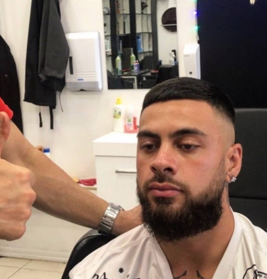Skin fade with beard line-up at Saba Barbershop